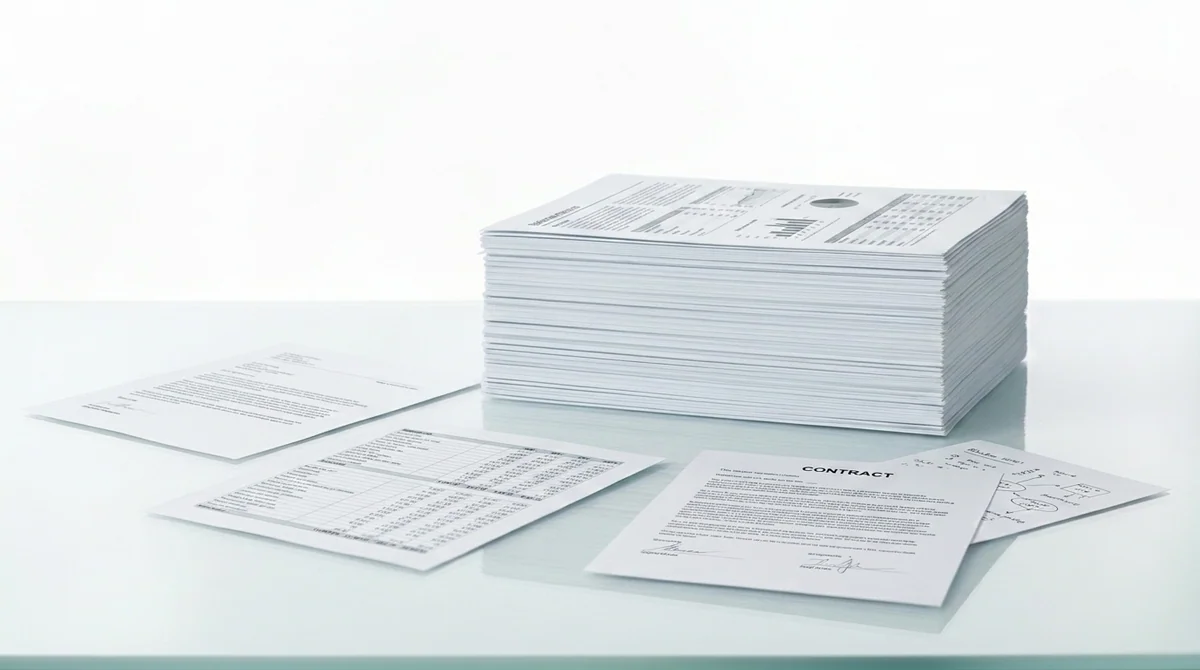 Stack of contracts and reports on a glass desk — PDF tools preview